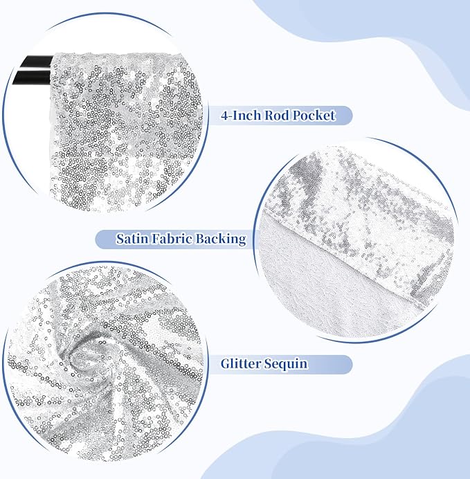 SquarePie 5x7ft Silver Sequin Backdrop for Photography, Satin-Backed Real Sequin Curtain, Enhanced Coverage Shimmering Background with 4" Rod Pocket for Wedding, Birthday, Party Decor, 1 Panel