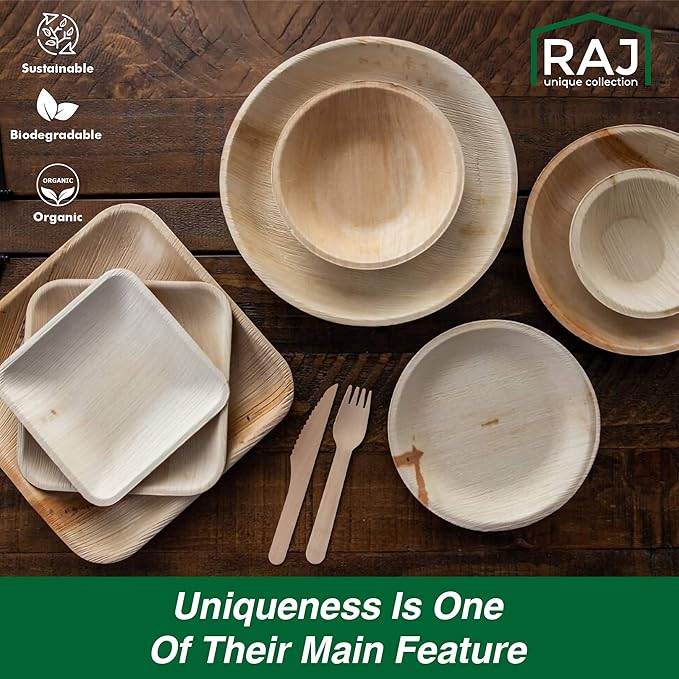 Raj Disposable Palm Leaf Bowls (50 Count, 6.5" Bowl) Strong Bowls Like Bamboo Party Bowl - Decorative Compostable Tableware for Lunch, Dinner, Birthday, Outdoor, BBQ, Picnic, Parties