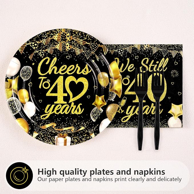 96Pcs 40th Wedding Anniversary Party Supplies Happy 40 Years Anniversary Plates and Napkins Black Gold Wedding Tableware Set for Cheers to 40 Years Party Supplies Serves 24