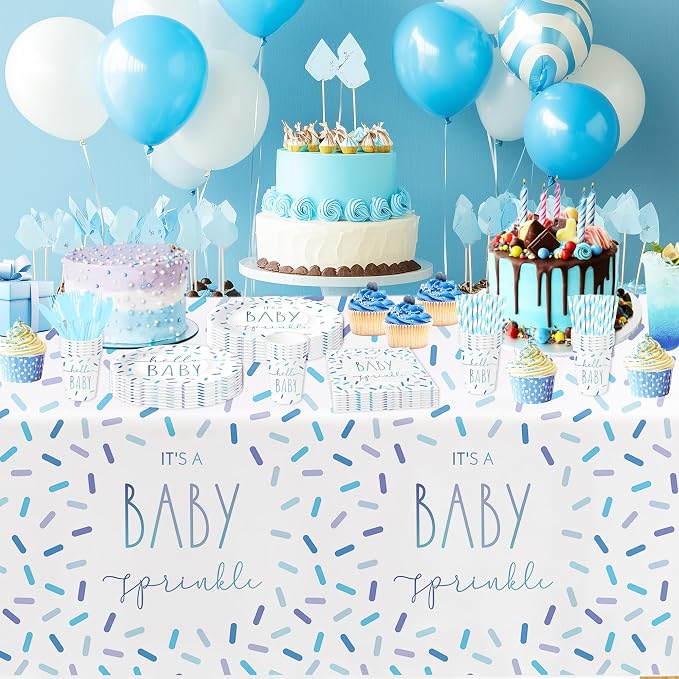 Sprinkle Baby Shower Decorations Tableware for Boy, Blue Confetti It's a Baby Sprinkle Party Decorations Supplies, Paper Plate, Napkin, Cup, Disposable Cutlery, Tablecloth, Serves 24
