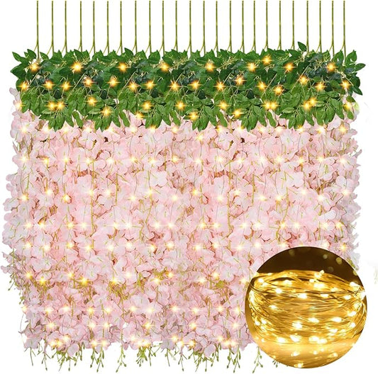 12 PCS Wisteria Hanging Flowers with Lights, 3.6ft Fake Vines Artificial Wisteria Garland Silk Flower String for Wedding Arch Garden Party Home Ceiling Wall Backdrop Tent Decoration (Light Pink)