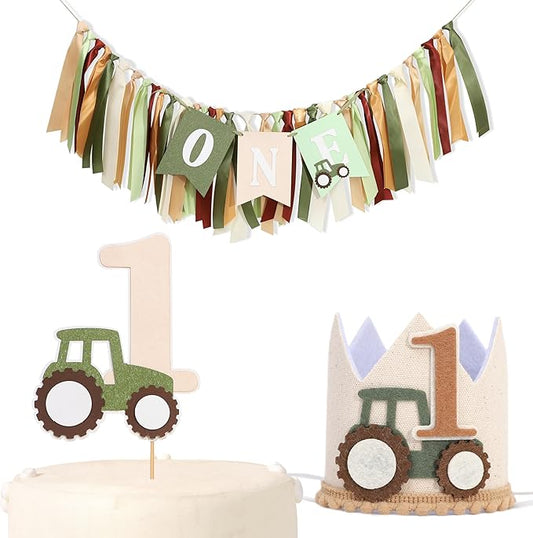 Tractor First Year Birthday Decorations - Boys 1st Birthday Tractor Farm Highchair Banner Set, Shabby Chic Farmhouse Crown And Cake Topper Set, Baby Shower Cake Smash Outfit, Baby Photo Prop Sets