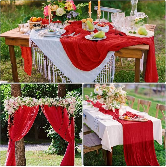 15 Pack Cheesecloth Table Runner 10Ft Gauze Cheese Cloth Table Runner 35 x 120Inch Red Table Runners for Wedding Birthday Party Engagement Holiday Baby Bridal Shower Anniversary Christmas Table Decor