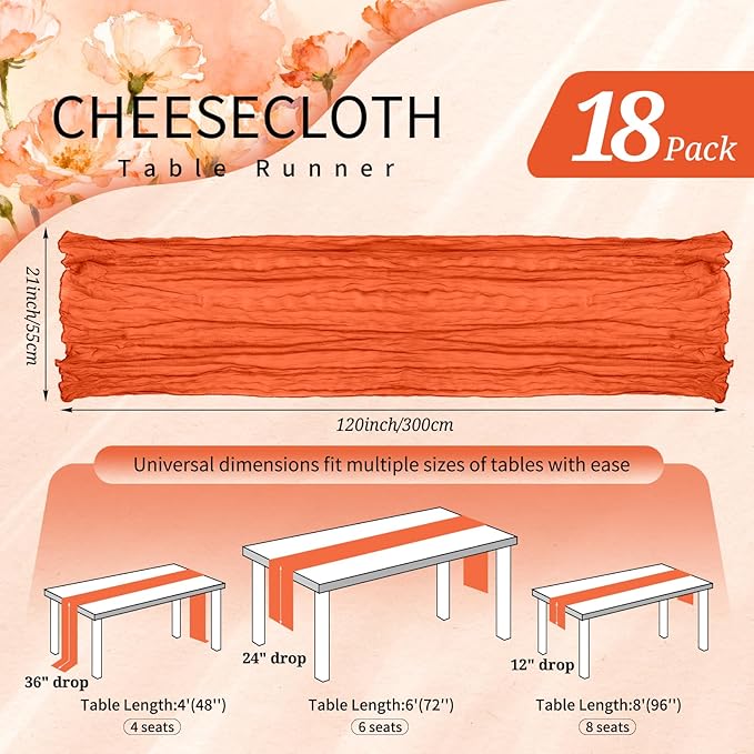 18 Pack Cheesecloth Table Runner 10FT Orange Table Runner Boho Gauze Cheese Cloth Table Runners Long Rustic Sheer Table Decorations for Wedding Party Baby Bridal Shower Birthday Holiday Home