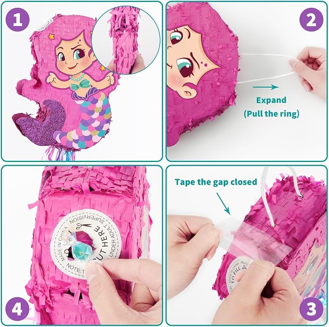 WERNNSAI Foldable Mermaid Piñata - Pull String Mermaid Birthday Party Supplies with Blindfold Bat and Tassels Party Decoration Folding Girl Piñatas for Game