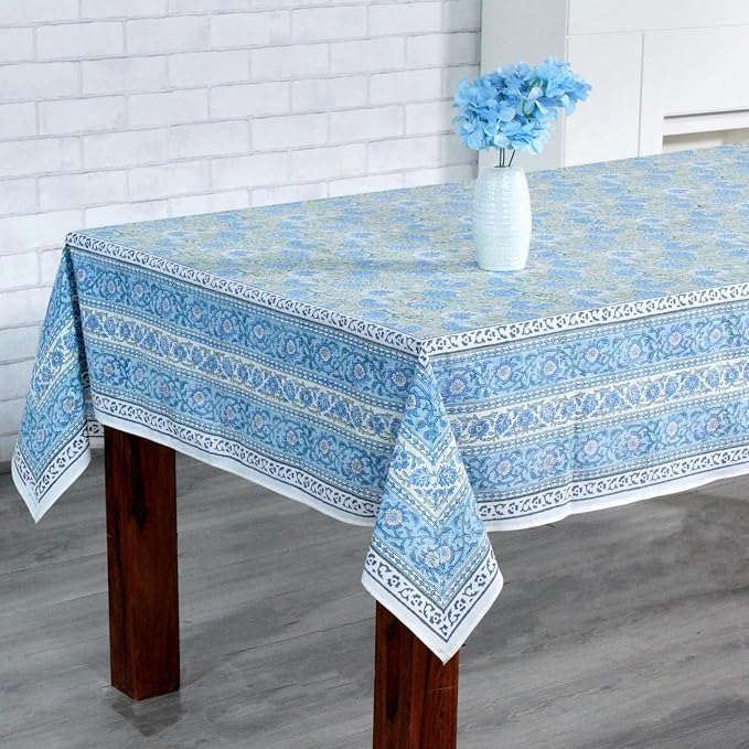 Ridhi Asparagus Green Gadd Hand Block Print Cotton Rectangle Tablecloth 102" x 48" inches Reusable Table Cover Decorative Everyday Use for Dining Room, Farmhouse, Home Gift for Spring, Mother's Day
