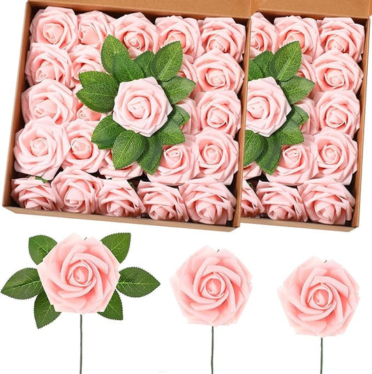 50 Pcs Artificial Foam Rose Flower Faux Bouquet Wedding Fake Rose Gift for Mother's Day Women DIY Bridal Shower Party Table Birthday Home Spring Decor (Pink)