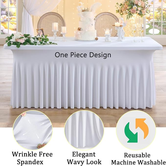 4 Pack White Spandex Tablecloths for 6 Foot Rectangle Tables, Wrinkle Free Stretchy Table Cloths 6ft Fitted Table Cover DeskSkirt for Weddings Birthday Party Banquet Baby Shower