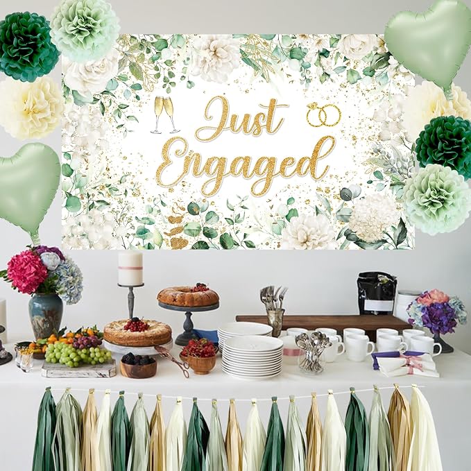 Sage Green Engagement Party Decorations for Couple Just Engaged Decorations, Happy Engagement Banner, Backdrop, Tissue Paper Pom Poms, Balloons, Tassel Garland for Wedding Bachelorette Party Decorations