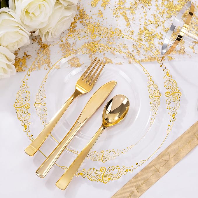 Nervure 600PCS Gold Plastic Dinnerware - Clear and Gold Disposable Plates for 100 Guests - 200 Disposable Plates, 300 Plastic Silverware, 100 Cups for Wedding & Party