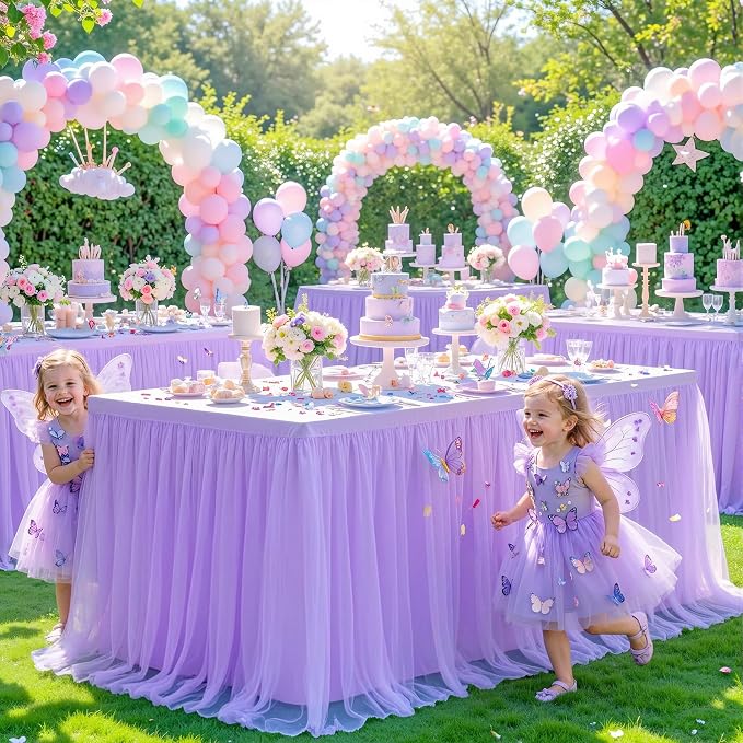 6 Pack Lavender Table Cloth for 8 Foot Rectangle Tables, Stretch Fitted Tulle Table Covers Skirt, Rectangular Ruffle Tutu Tablecloth Wedding Banquet Baby Shower Cake Tablecloths Decorations