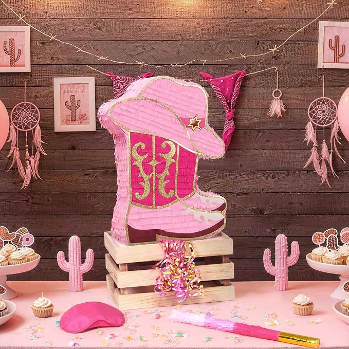WERNNSAI Cowgirl Boot Piñata - Western Hat Piñata with Blindfold and Bat Cowgirl Party Decorations Girls Birthday Party Favors for Adults Kids Horse Racing Party Supplies