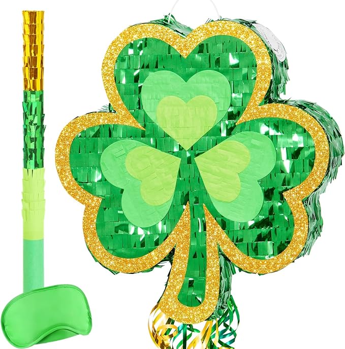 WERNNSAI Shamrock Piñata - Green Shamrock Decor Piñata with Bat & Blindfold, Party Game Supply with Shamrock Pattern (16" × 13.5" × 3")
