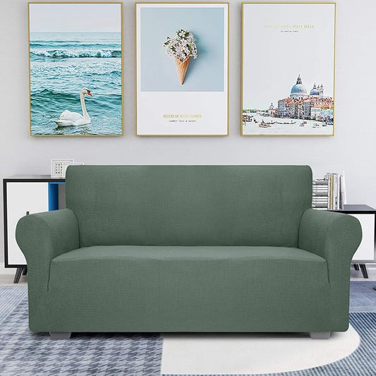 JIVINER High Stretch 1-Piece Jacquard Small Checks Couch Covers for 2 Cushion Couch Anti Slip Love Seat Sofa Covers Loveseat Slipcovers Protector for Kids Pets (Loveseat, Pea Green)