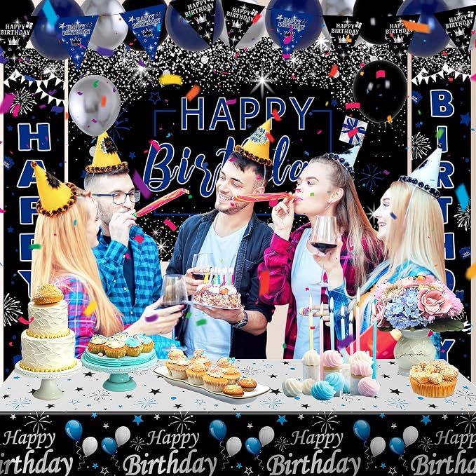 Black and Blue Birthday Party Decorations for Boys Men Women Girls | Balloon Supplies with Happy Birthday Backdrop Banner Tablecloth Confetti Balloons Arch