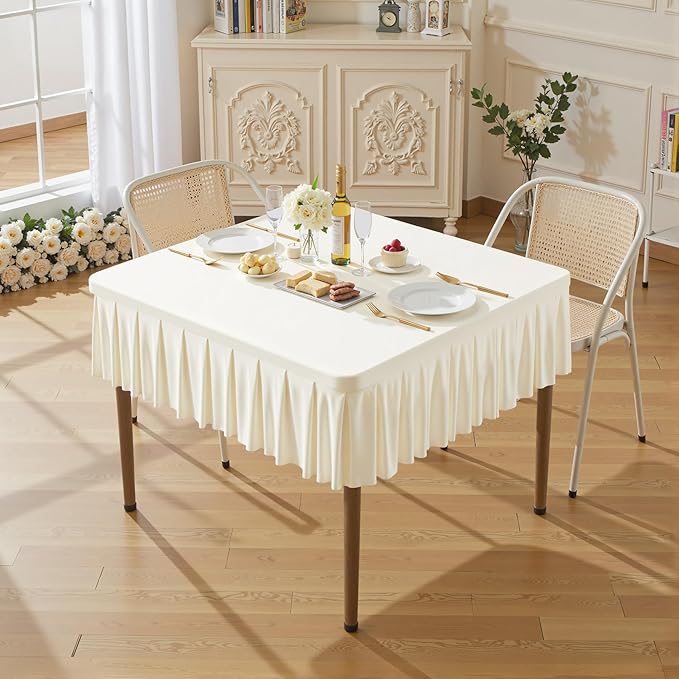 Wish Care Ivory Spandex Tablecloths for 34x34 Inch Square Tables, Stretch Fitted Table Clothes with Pleated Ruffle Skirt for 34” Table, Wrinkle Free and Elastic, for Party Kitchen Home Dining