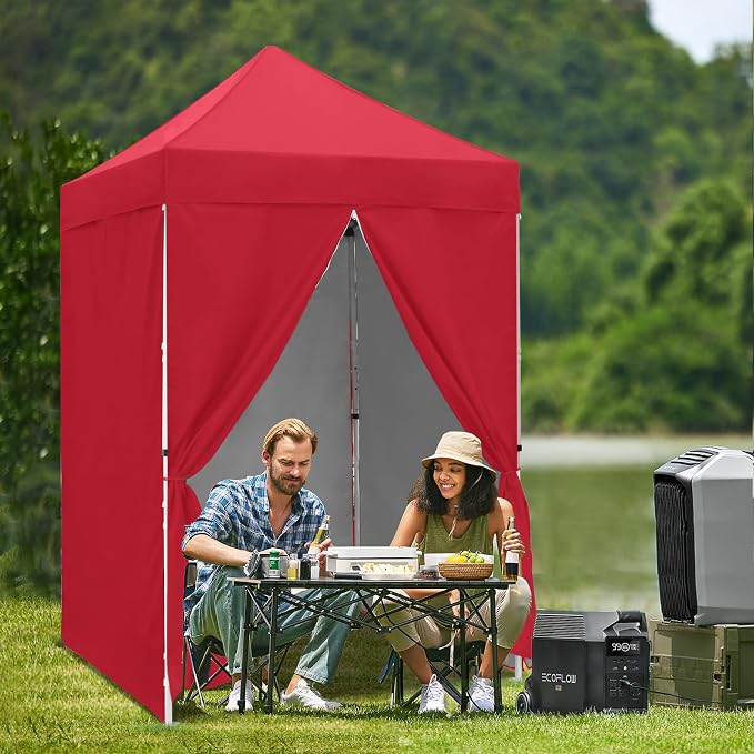 5x5 Pop Up Canopy Tent with Four Sidewalls, Instant Portable Beach Canopy, Outdoor Tent with Carry Bag for Camping, Sports, Tailgating, Events, Red