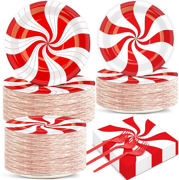 50 Guests Christmas Candy Cane Plates and Napkins Party Supplies Peppermint Party Decorations Disposable Tableware Set Red and White Striped Dinnerware Favor for Holiday Xmas Theme Party, 200PCS