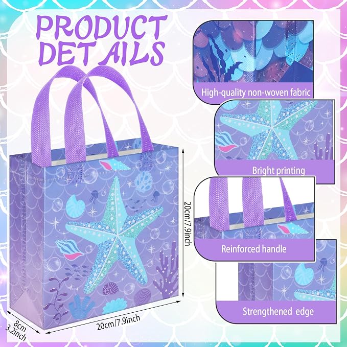 Sweetude 40 Pcs Mermaid Gift Party Favor Bags with Handle, Non Woven Goodie Bags Birthday Favor for Birthday Baby Shower Packaging Supplies