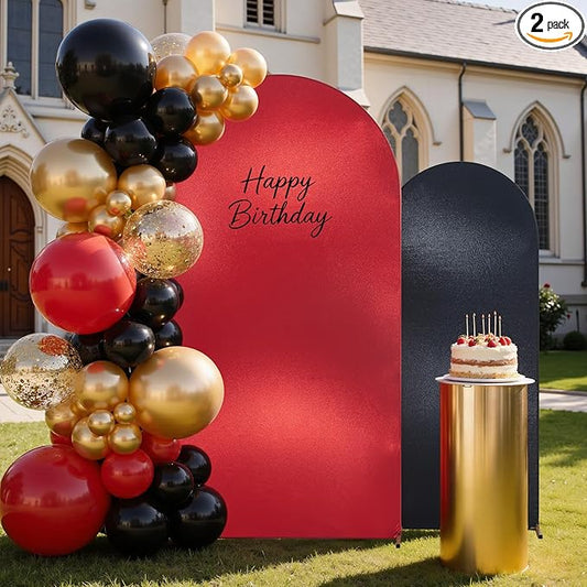 Shimmer Black and Red Arch Backdrop Cover 2set 6 7.2 FT with Zipper Bottom,Premium No Shed Sequin Glitter Spandex, Stretchy Fit Chiara Cover for Wedding Baby Shower Graduation Party Decor
