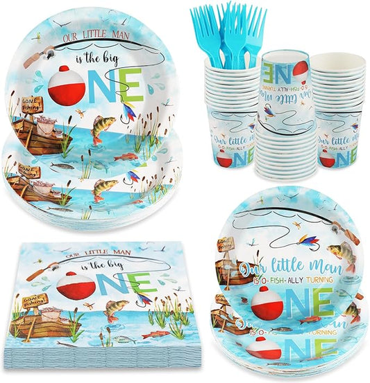 120 PCS Ofishally One Birthday Party Decorations, Ofishally One Paper Plates, Napkins Cups and Forks Tableware Set, Fishing Party Decor Supplies for 1st Fish Birthday Baby Shower Party, Serves 24