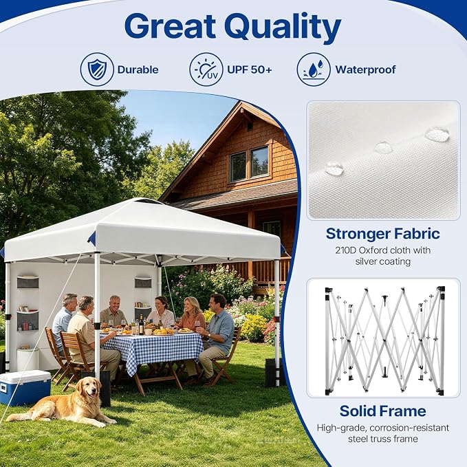 10x10 FT Pop Up Canopy Outdoor Tent with 1 Sidewall and 6 Pockets, 1-Button Push Easy Set Up, 3-Height Adjustable Beach Shade, Heavy Duty Sun Shelter for Vendor Events Camping Party Outdoor Activities
