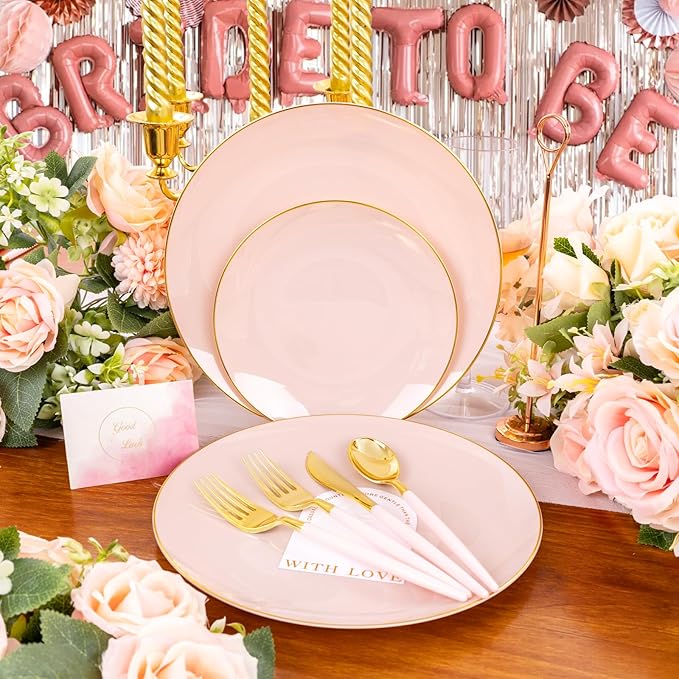 Liacere 150PCS Plastic Plates-Gold Plastic Silverware with Pink Handle - Pink Disposable Plates Include 30 Guests Plates, Forks, Spoons, Knives for Wedding＆Easter Day & Mothers Day