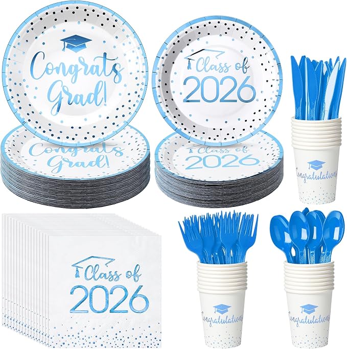 175pcs Class of 2026 Graduation Plates and Napkins Set, Disposable Paper Plate Set Polka Dots Napkin Cups Knife Fork Spoon for Graduation Party Decorations and Supplies,Serve 25 (White LightBlue)