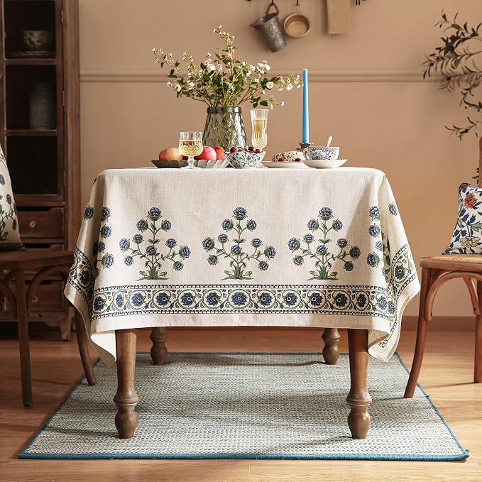 patdrea Vintage French Linen Tablecloth,Rectangular,79"x55"-Ivar B | Elegant Table Cloth for Rectangle Table,Blue and White Floral Patterned,Dining Room,Tea Party,Thanksgiving Decor