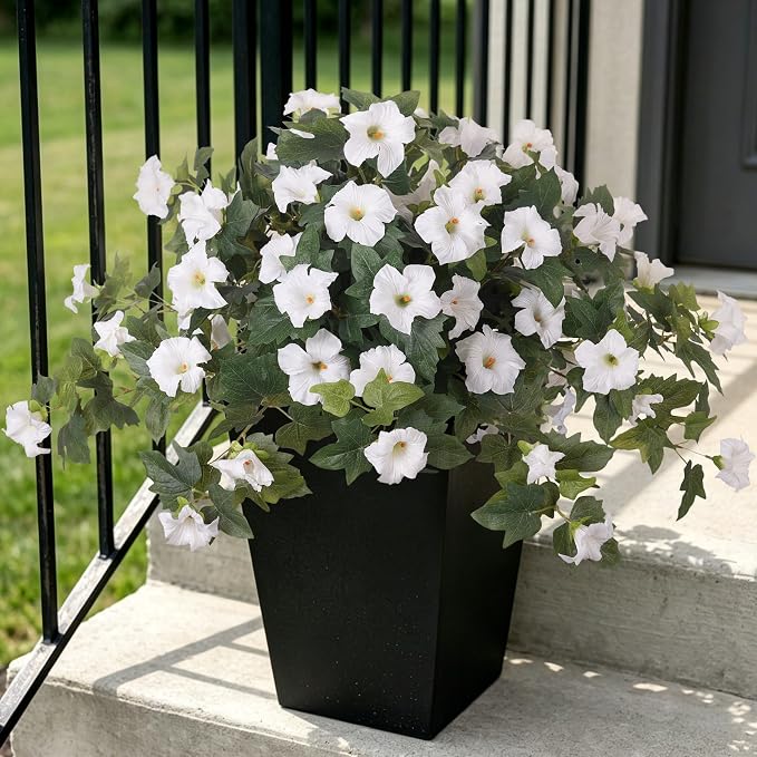 Ammyoo 2PCS Artificial Petunias Flowers Fake Plants for Outdoor Decoration | UV Resistant Faux Silk Flower No Fade for Outside Home Garden Balcony Yard Porch Window Box Realistic Indoor Decor(White)