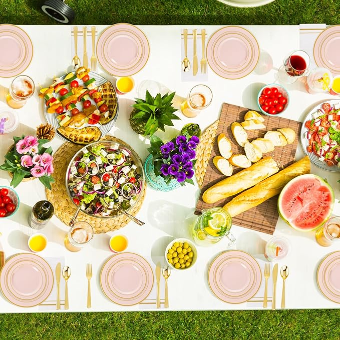 GATHER 700PCS Pink Plastic Plates - Gold Rim Disposable Plastic Dinnerware Set Include 200 Pink Plates, 300 Silverware, 100 Napkins, 100 Cups for Party & Wedding & Mother's Day