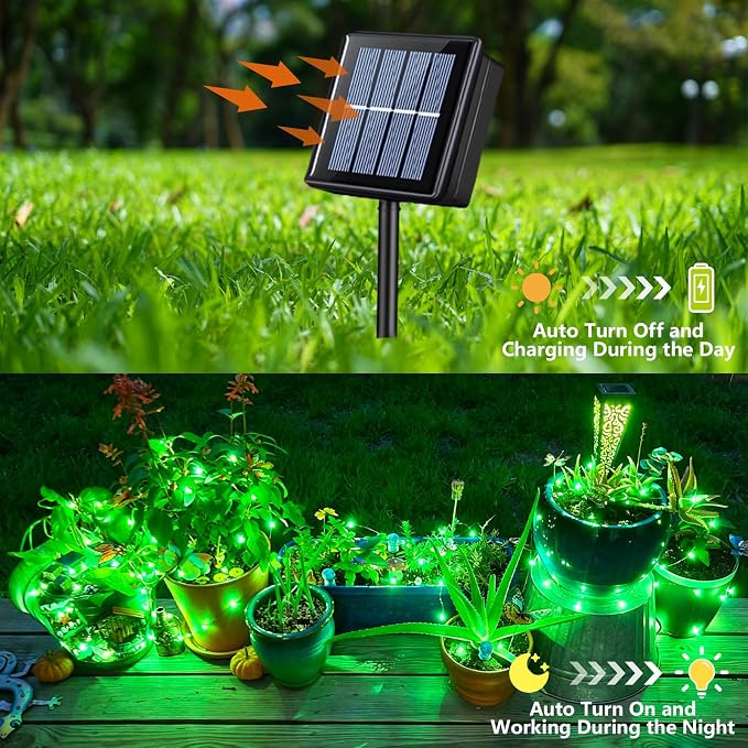 YEGUO 4 Pack Halloween Solar Fairy Lights, Each 33ft 100 LED Green Christmas Lights Outdoor Waterproof, 8 Modes Sliver Wire Solar String Lights