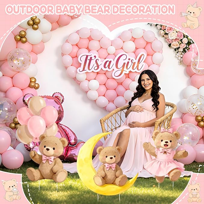 3Pcs Pink Bear Baby Shower Decorations, Large Moon Bear Cardboard Cutout Standup with Yard Stakes & Stands for Girls Bear Birthday Indoor Outdoor Photo Booth Props Cartoon Party Supplies