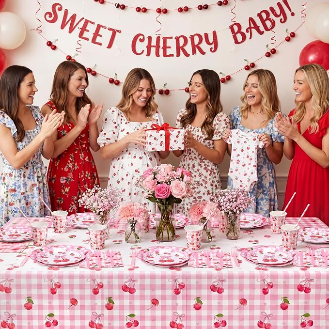 LemonRoad 452 Pcs Cherry Birthday Decorations for 50, Pink Bows Paper Plates Napkins Cups Tablecloth Cutlery Straws Bowknot Disposable Tableware for Fruit Cherry Birthday Baby Shower Party Supplies