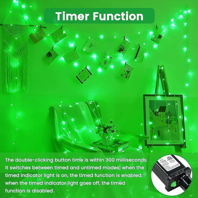 Connectable 2Pack String Lights Indoor, 66FT 200LED String Lights, 13Modes Twinkle Fairy Lights Plug in Outdoor Waterproof, Green Clear Wire Light for Christmas Tree, Wedding Yard, Party Decor
