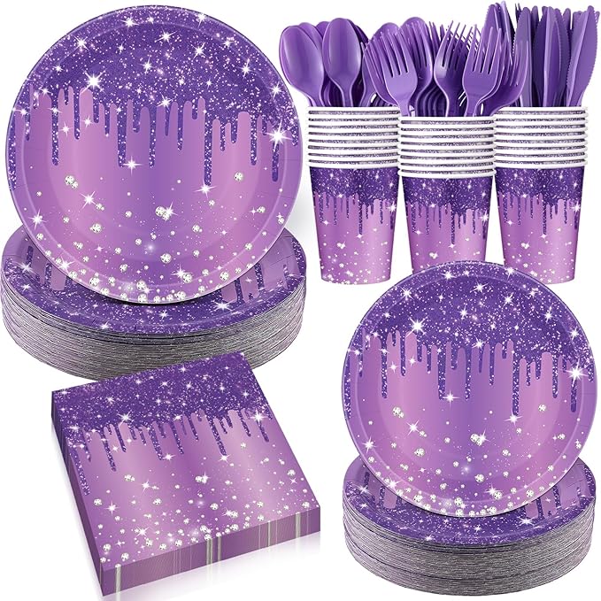 400 Pcs Purple and Silver Birthday Party Supplies Disposable Paper Plates Purple Glitter Diamonds Napkins and Cups for Women Birthday Anniversary Wedding Party Decorations Supplies