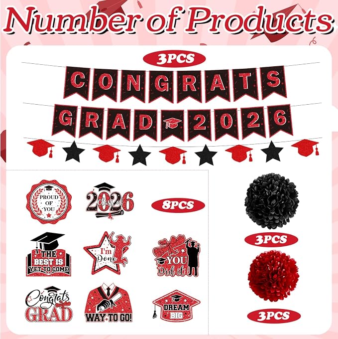 Rakuto Red and Black Graduation Decorations, Congrats Grad 2026 Banners with Hanging Swirs Party Decoration, Class of 2026 Graduation Paper Pom Poms Decor for College Grad Supplies