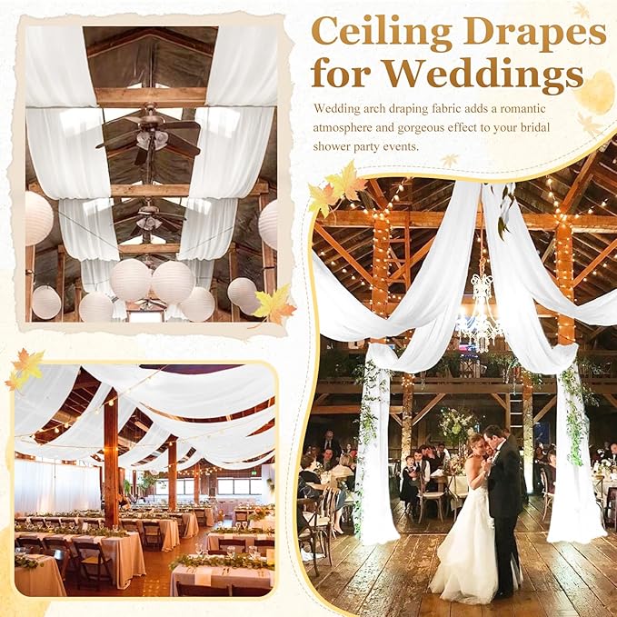 MODFUNS White Ceiling Drapes for Weddings 5x20FT 6 Panels Sheer Chiffon Ceiling Curtain Wedding Arch Draping Fabric Tulle Curtain Drapery Elegant Scarf Drapes Fabric for Bridal Baby Shower Arbor Drape