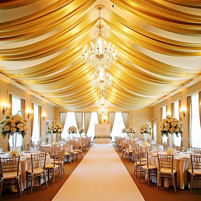 gogoparti 20x40FT Gold Shimmer Backdrop Curtains for Weddings Parties - 4 Panels of Extra Long 5x40FT Drapes, Includes Dual Pole Pockets, Wrinkle-Free Fabric for Party, Photo Booth & Tent Decoration
