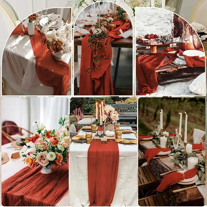 10 Pcs Terracotta Cheesecloth Table Runner 10FT, Gauze Table Runner for Wedding Reception Sheer Bridal Shower Birthday Party Boho Table Decoration, Rustic Romantic Wedding Runner