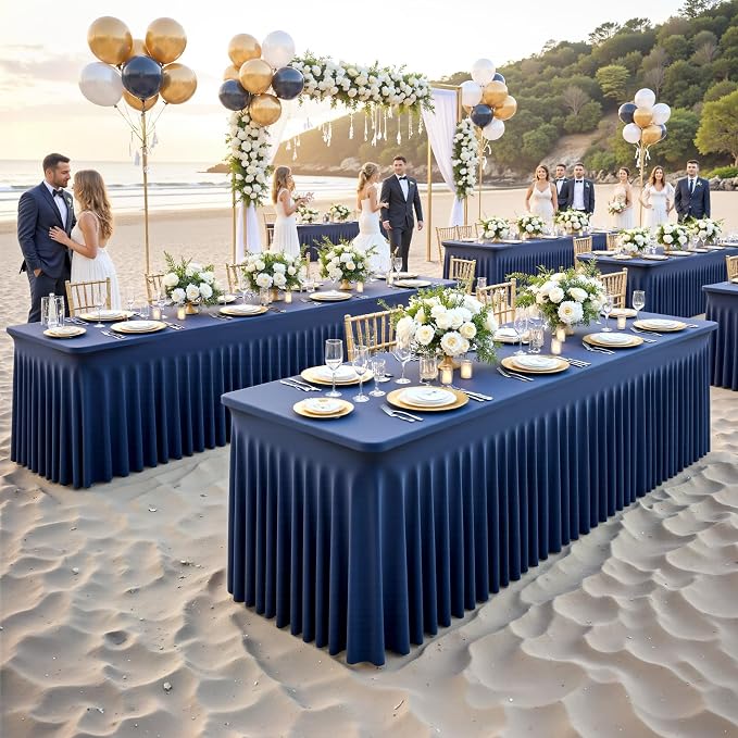 4 Pack Navy Blue Table Cloth for 8 Foot Rectangle Tables Spandex Fitted Tablecloth 8ft Stretch Table Covers Skirt Navy Blue Banquet Tablecloths Wrinkle Free Tablecloth for Party Wedding Birthday Event