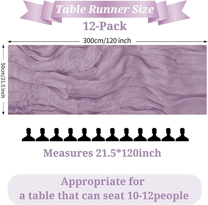 12 Pack Purple Cheesecloth Table Runner, 10FT Violet Amethyst Cheesecloth Rustic Boho Table Runner Long Romantic Semi Sheer Table Runner for Wedding Birthday Bridal Party Decorations(21.5×120 Inch)