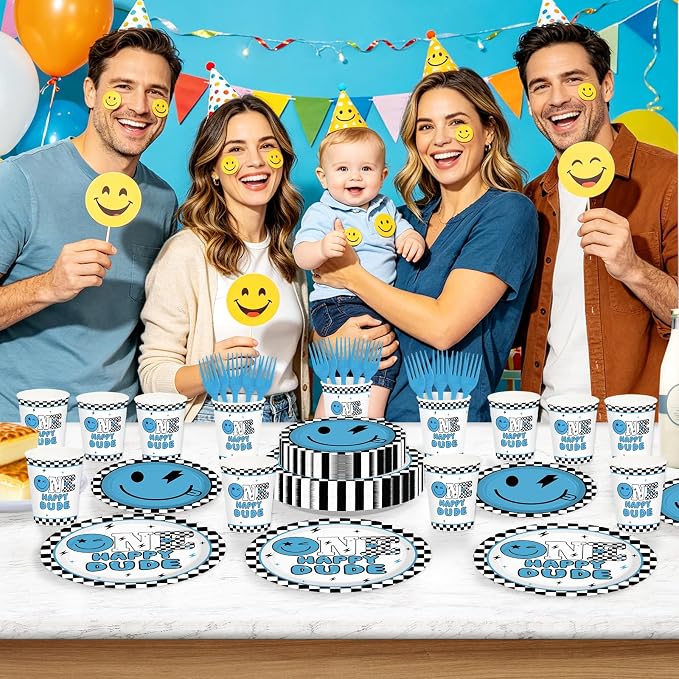 250Pcs One Happy Dude 1st Birthday Party Decorations Blue Smile Face Plates Napkins Cups Forks Tableware Set Black White Plaid Decoration for One Years Old Boy Birthday Baby Shower Supplies Serves 50