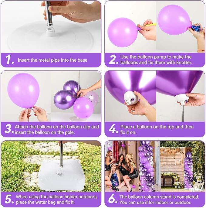 2 Sets Purple Balloon Column Stand Kit with 100 Balloons Lavender Adjustable Balloon Tower Stand with Bases for Floor Purple Confetti Balloon Column Kit for Christmas Birthday Holiday New Year