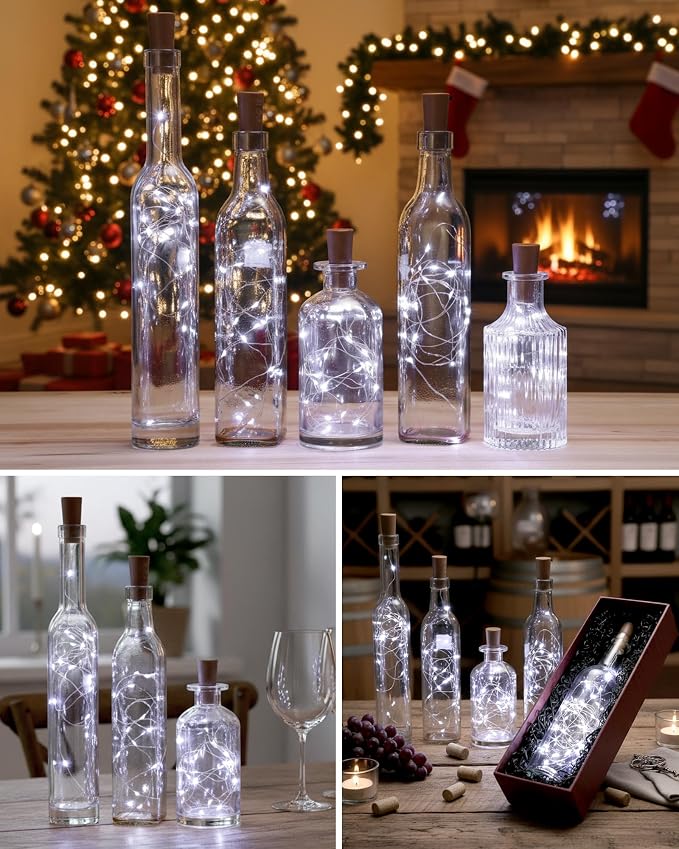 Hortsun 40 Pack Wine Bottle LED Lights with Cork Fairy Mini String Lights Battery Operated Mini Waterproof 7 ft Silver Wire 20 LED Cork Shape for Valentines, DIY, Party, Decor, Wedding (Cool White)