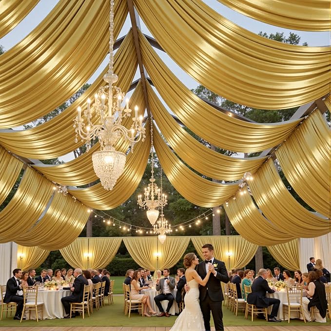 60ftx40ft Gold Ceiling Curtain for Wedding Parties – 12 Panels Wrinkle-Free 40 FT Long Tent Draping Curtains for Wedding, Birthday & Theme Parties, 40ft Height with Rod Pocket