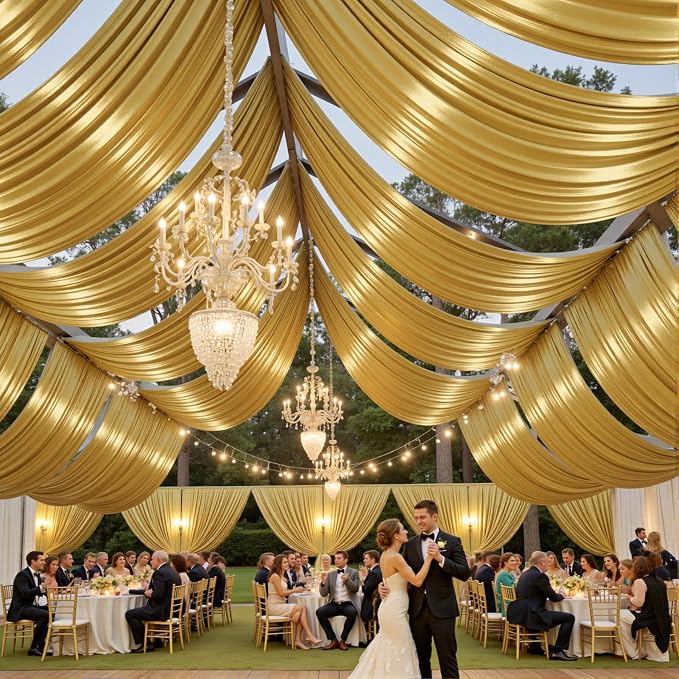 50ftx40ft Gold Ceiling Curtain for Wedding Parties – 10 Panels Wrinkle-Free 40 FT Long Tent Draping Curtains for Wedding, Birthday & Theme Parties, 40ft Height with Rod Pocket