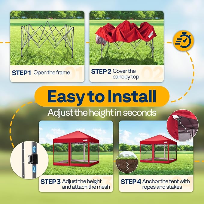 VIVOHOME 8x8ft Easy Pop-Up Canopy, Outdoor Screen Tent with Mosquito Netting, 2 Zipper Doors, and Roller Bag for Yard Camping Picnic Party Events, Red
