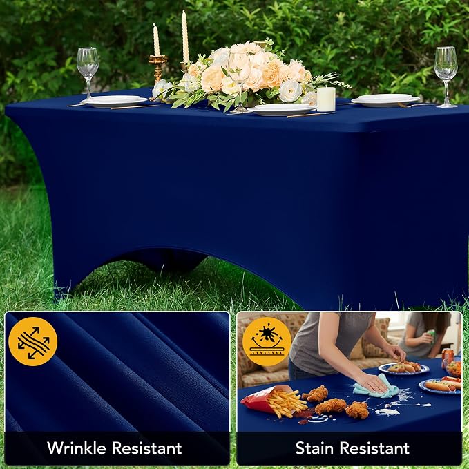 6-Pack Premium Navy Blue Spandex Tablecloths for 8ft Rectangle Tables, Stain & Wrinkle-Resistant, Washable Stretch Polyester Fitted Table Cover for Weddings, Banquets, Trade Shows Events