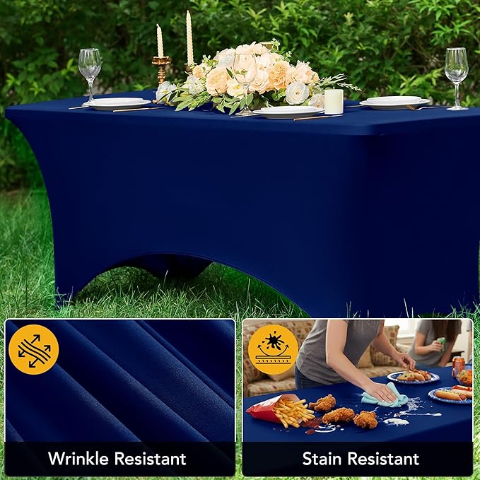 6-Pack Premium Navy Blue Spandex Tablecloths for 4ft Rectangle Tables, Stain & Wrinkle-Resistant, Washable Stretch Polyester Fitted Table Cover for Weddings, Banquets, Trade Shows Events